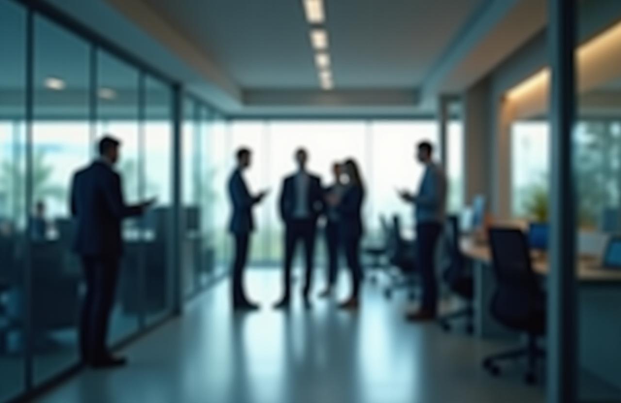 Modern office interior with professionals collaborating in the background.