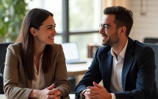 Two people having a positive and constructive conversation in an office.