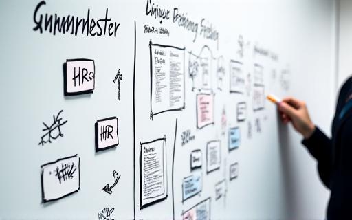 A whiteboard with strategic HR planning notes and diagrams.